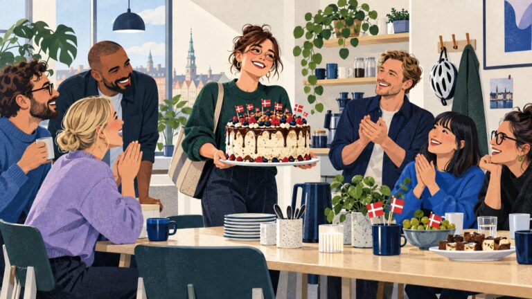 A woman brings a birthday cake with small Danish flags to delighted coworkers in an office kitchen.