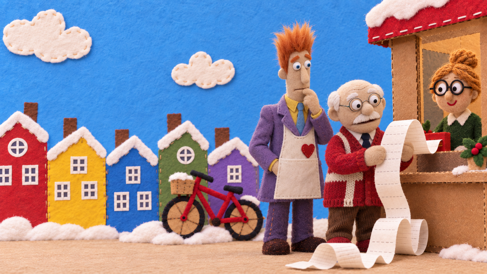 Felt characters in a colorful handmade Danish town.