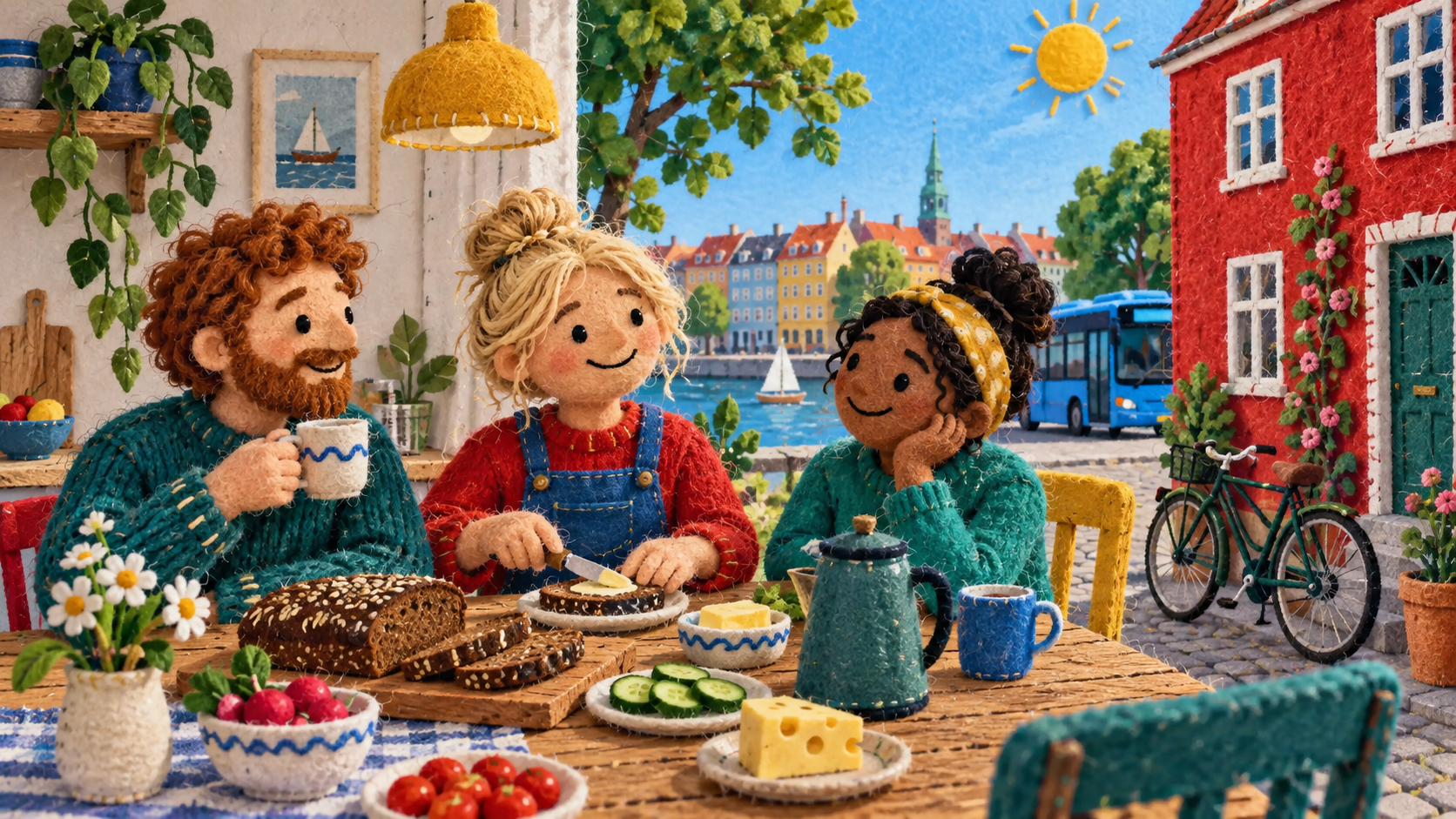 Handmade felt people sharing everyday Danish life in a colorful cardboard town.