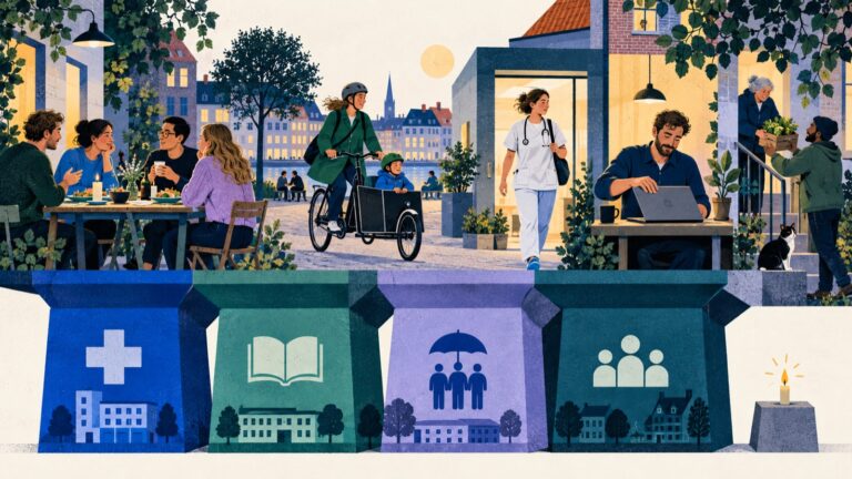 Friends, families and workers live everyday Danish life on foundations representing health, education, security and trust.